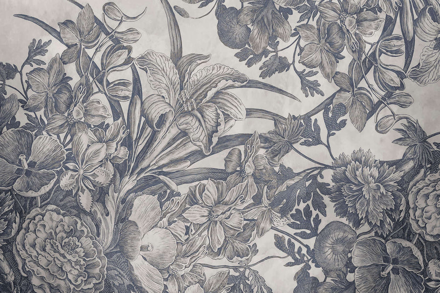 Vintage Indigo Botanical Etching Wall Mural