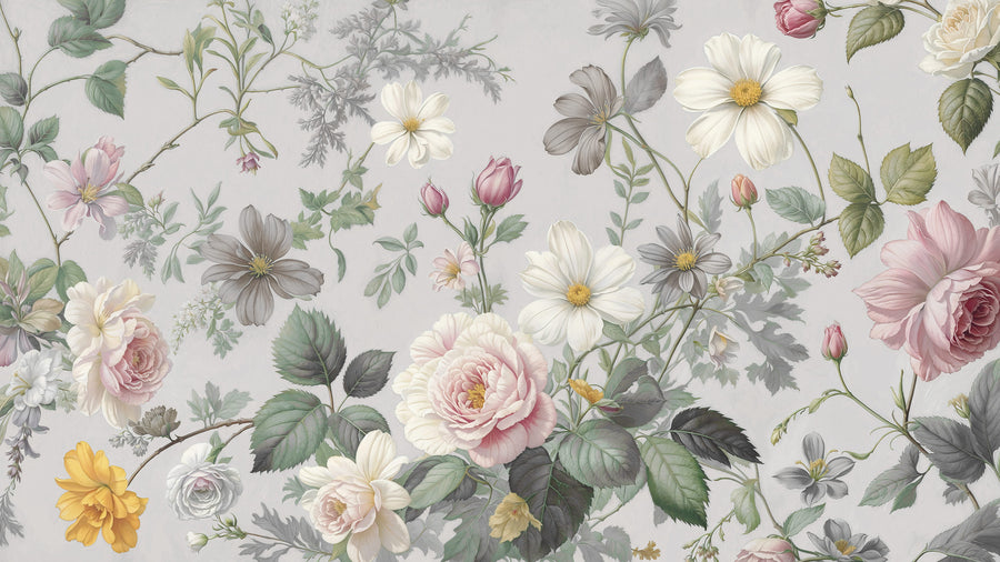 Vintage Pastel Grey & Pink Botanical Floral Wall Mural