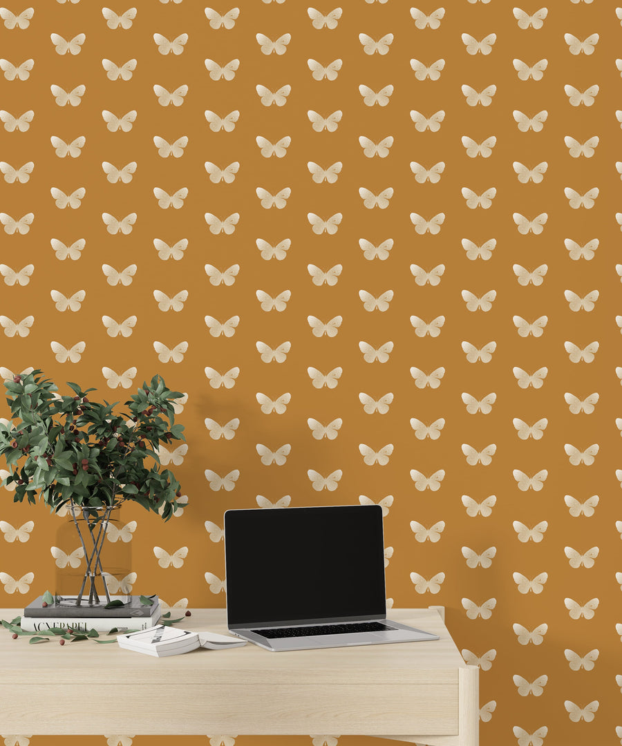 Gold Butterfly Pattern Wallpaper - Elegant Yellow Background Wallpaper