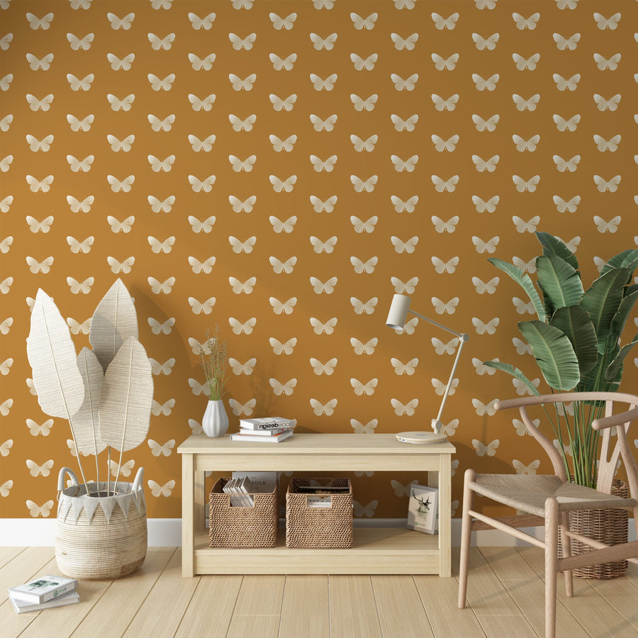 Gold Butterfly Pattern Wallpaper - Elegant Yellow Background Wallpaper