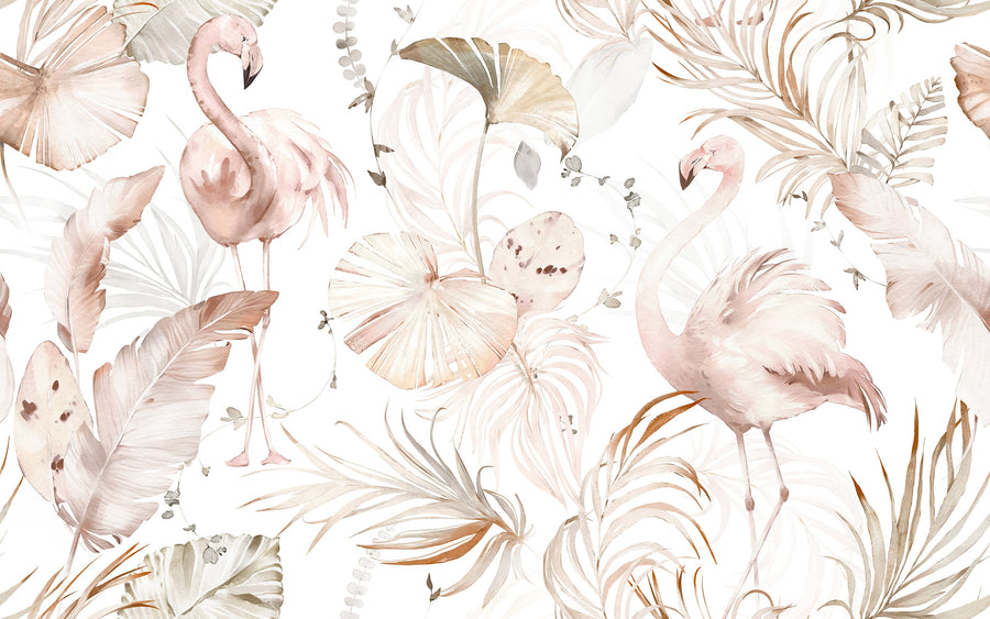Watercolor Pink Flamingo Wallpaper | Tropical Leaves Background