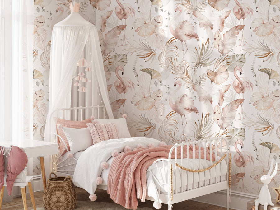 Watercolor Pink Flamingo Wallpaper | Tropical Leaves Background