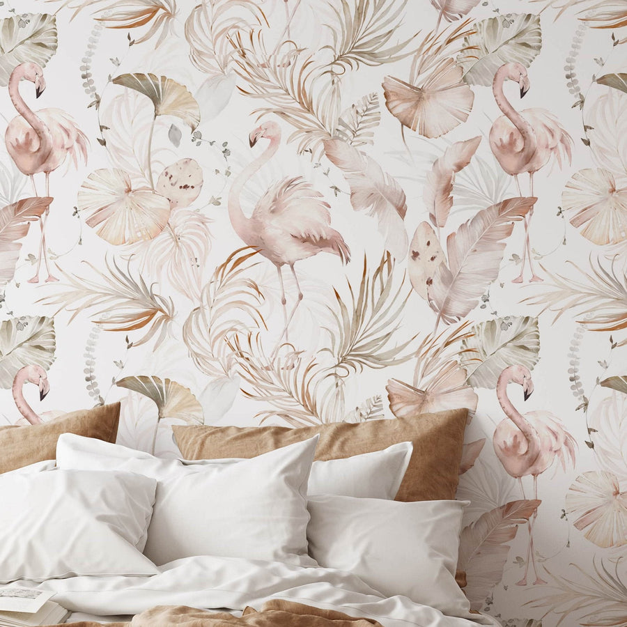 Watercolor Pink Flamingo Wallpaper | Tropical Leaves Background