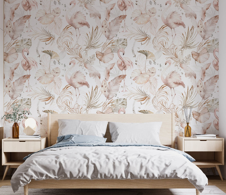 Watercolor Pink Flamingo Wallpaper | Tropical Leaves Background