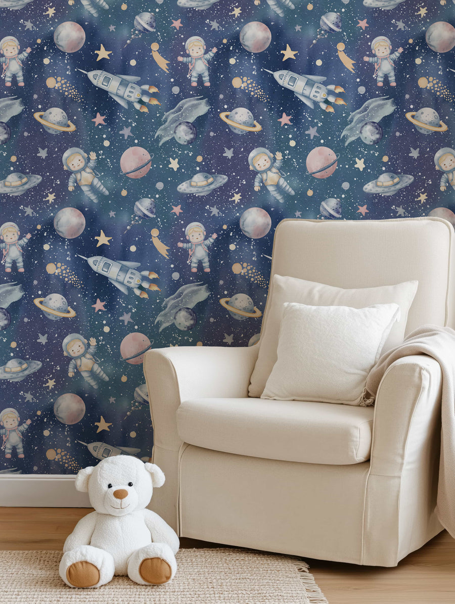 Cosmic Adventure Wallpaper - Astronauts, Planets & Rocket Ships for Kids