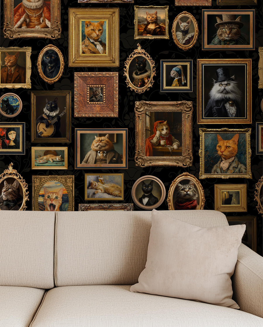Whimsical Cat Portrait Gallery Peel & Stick Wallpaper, featuring a beige sofa