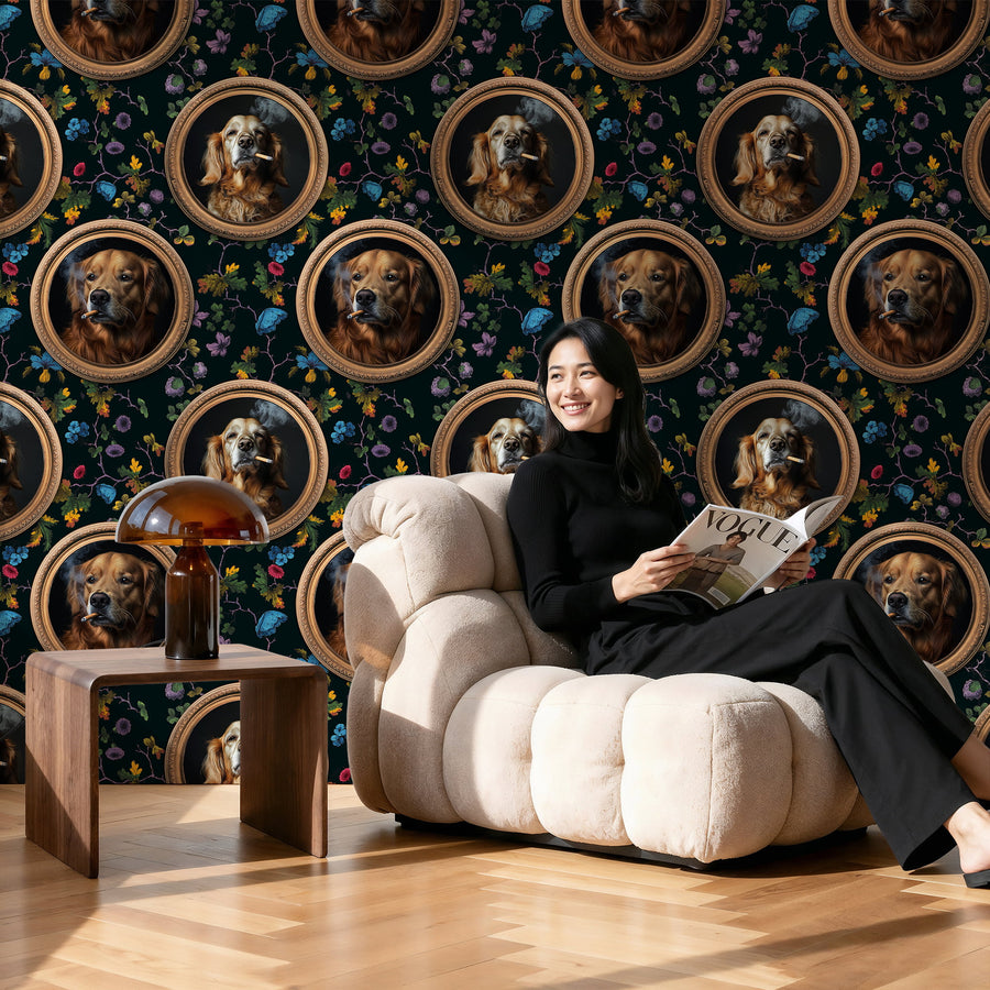 Woman reading magazine against a Vintage Dog Portrait Wallpaper – Golden Retriever