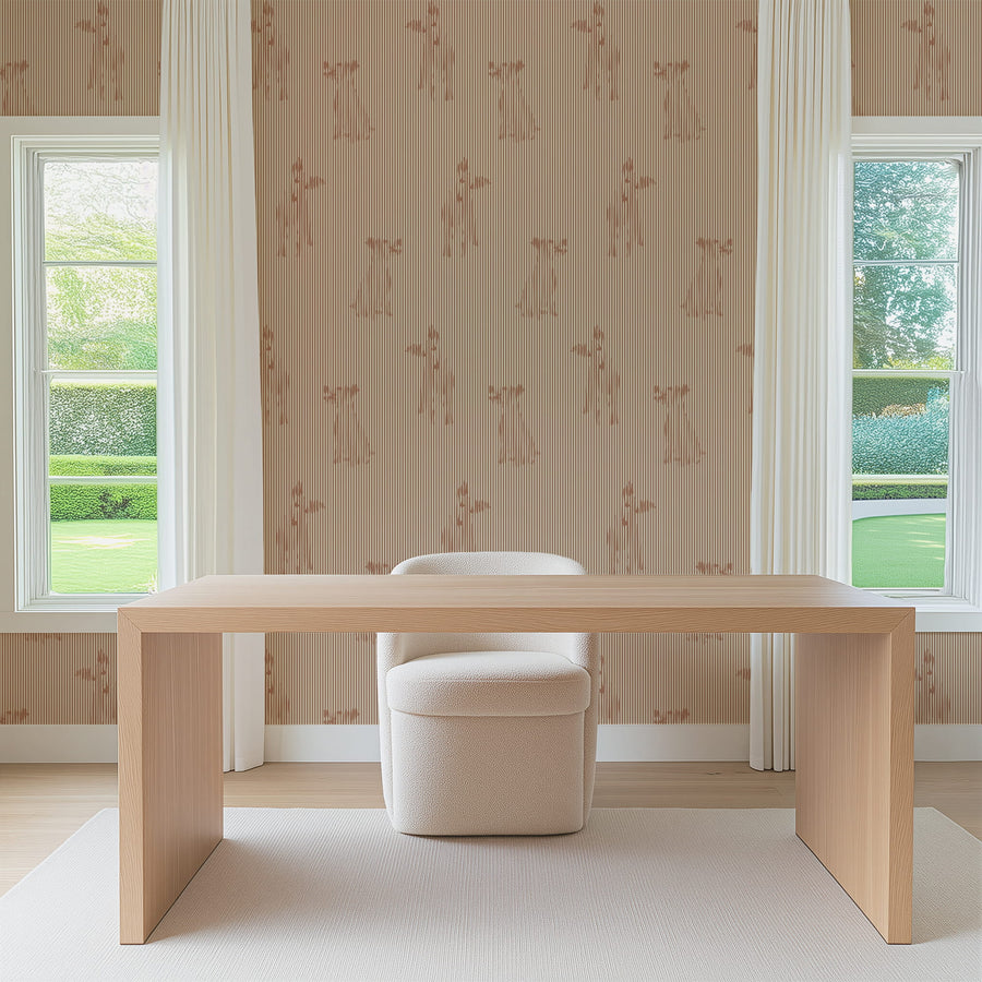 Wooden desk in a room with Terracotta Stripe with Dog Silhouette Wallpaper and large windows.