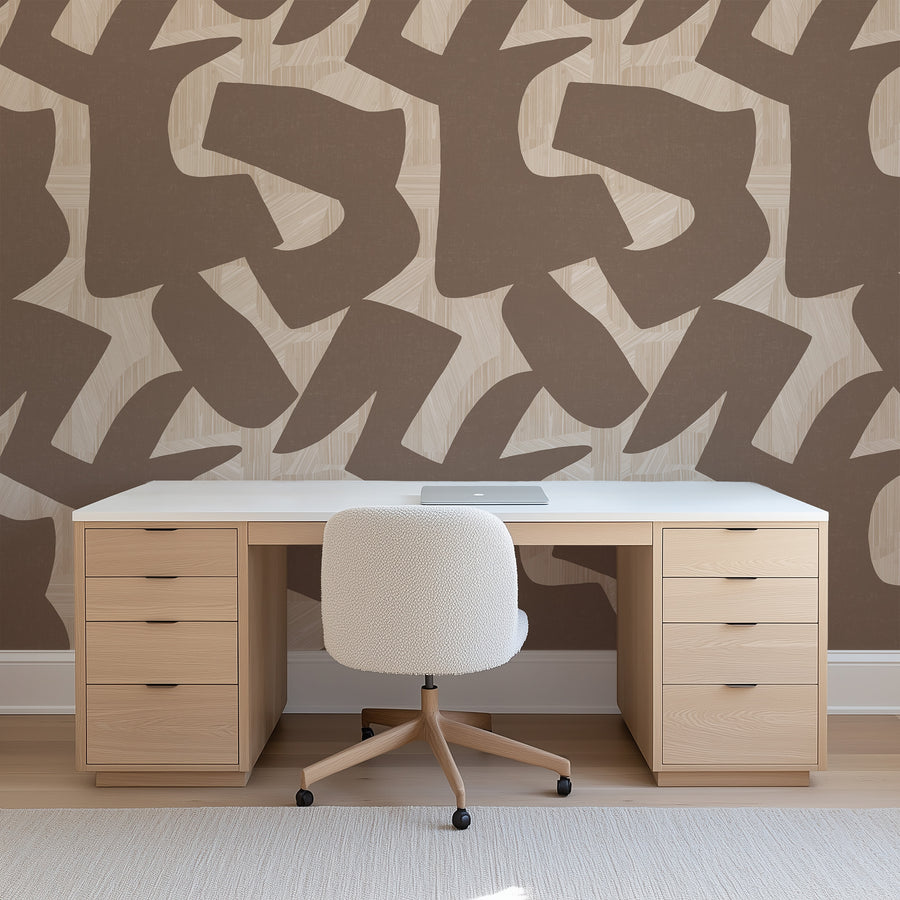 Wooden desk with a chair against a Abstract Intarsia Wallpaper – Brown & Cream Texture