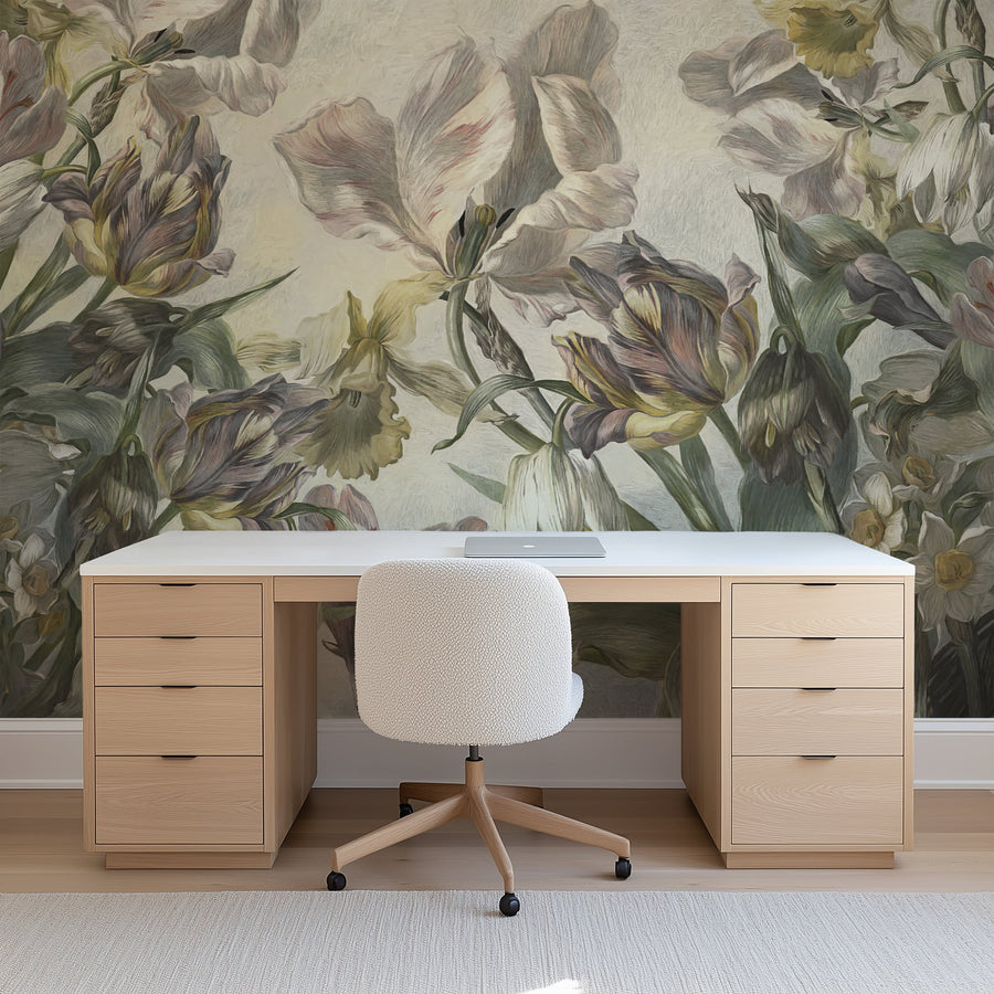 Wooden desk with a chair against a Historical Dutch Tulip Floral Wall Mural