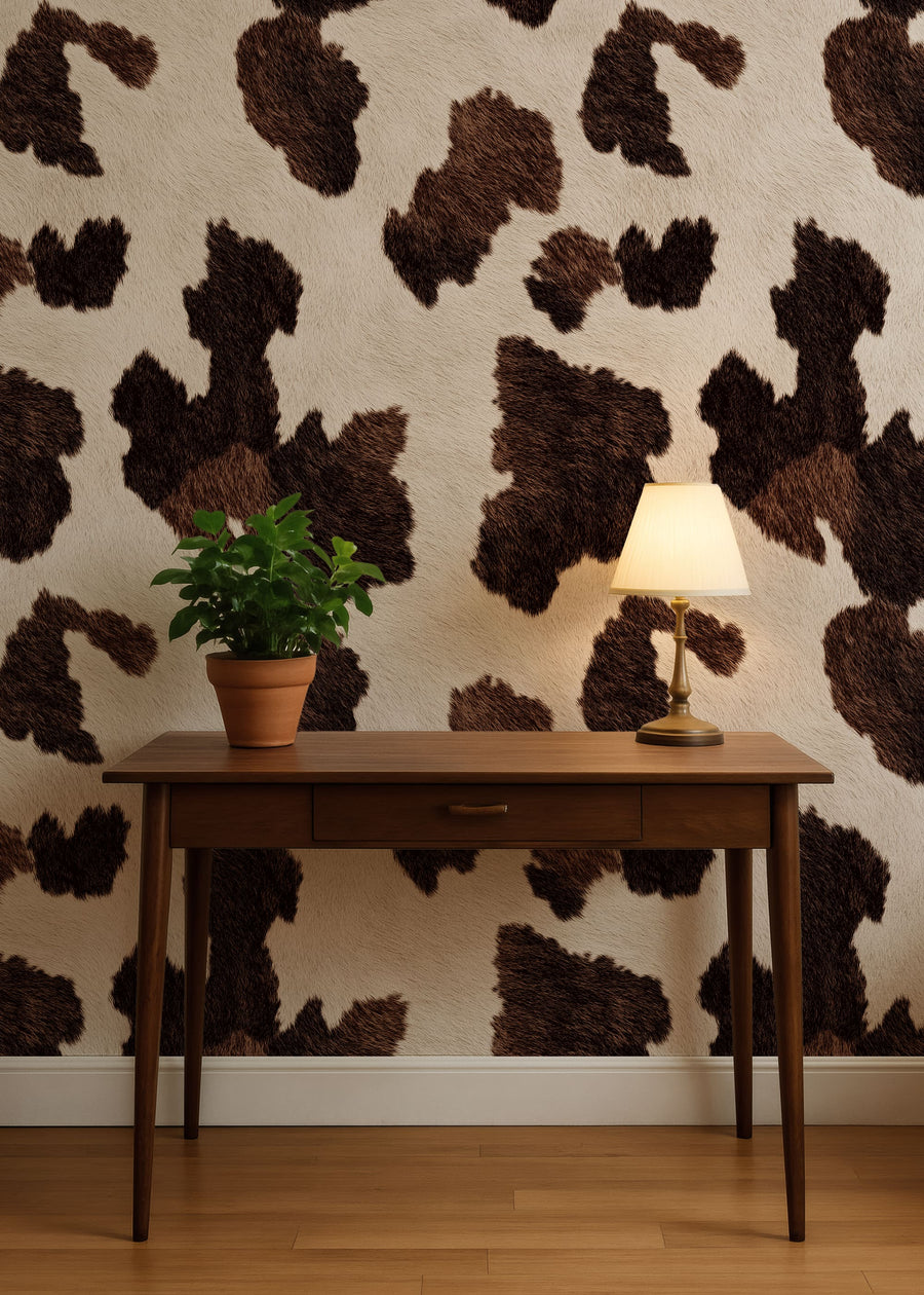 Wooden desk with a lamp and plant against a wall with Brown Cow Print Wallpaper