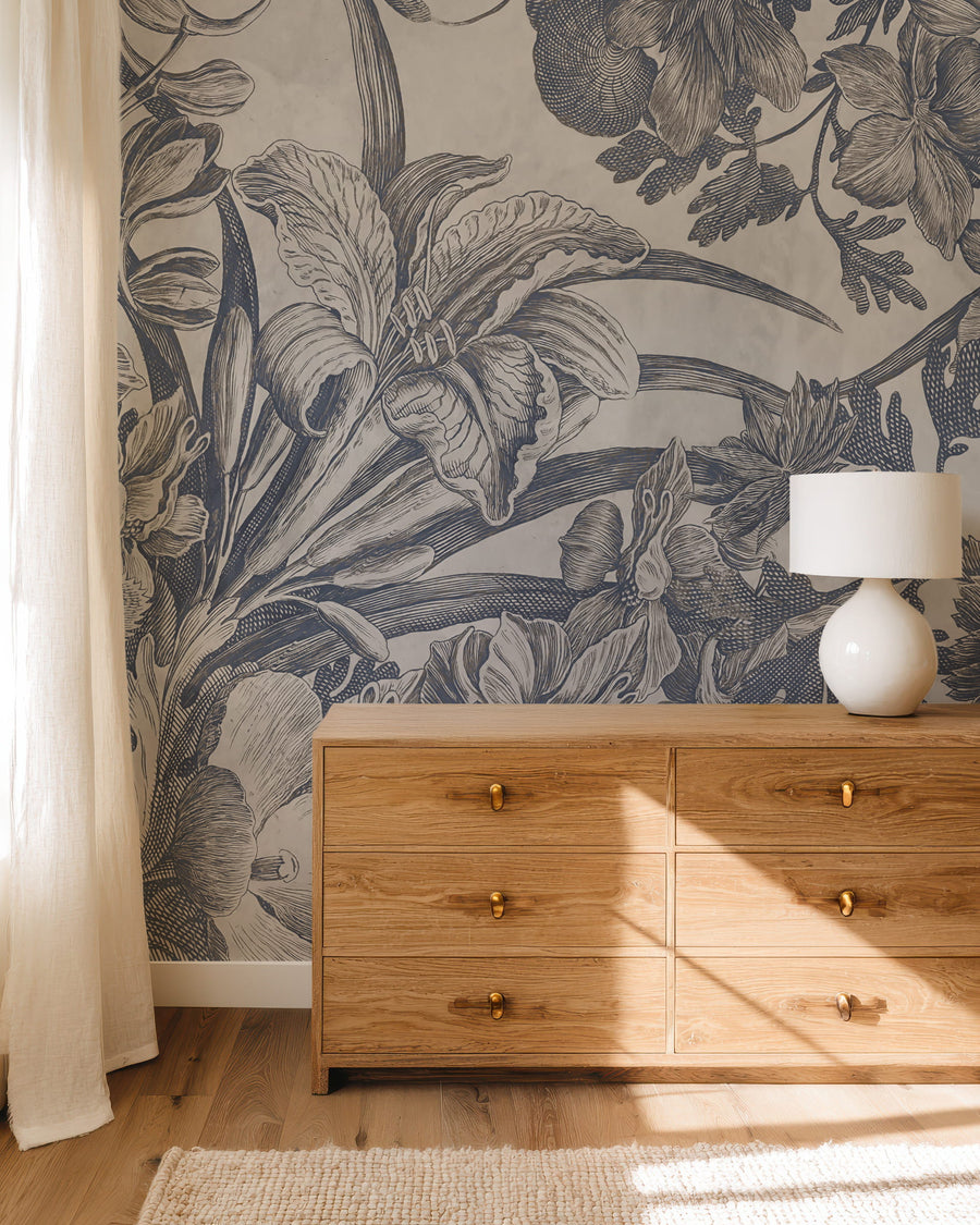 Wooden dresser against a Vintage Indigo Botanical Etching Wall Mural