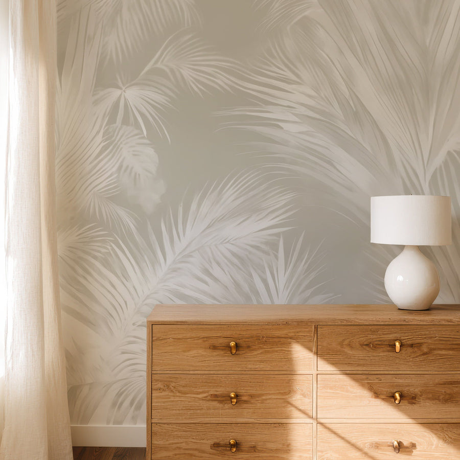 Wooden dresser against a wall with Beige & White Tropical Palm Wall Mural