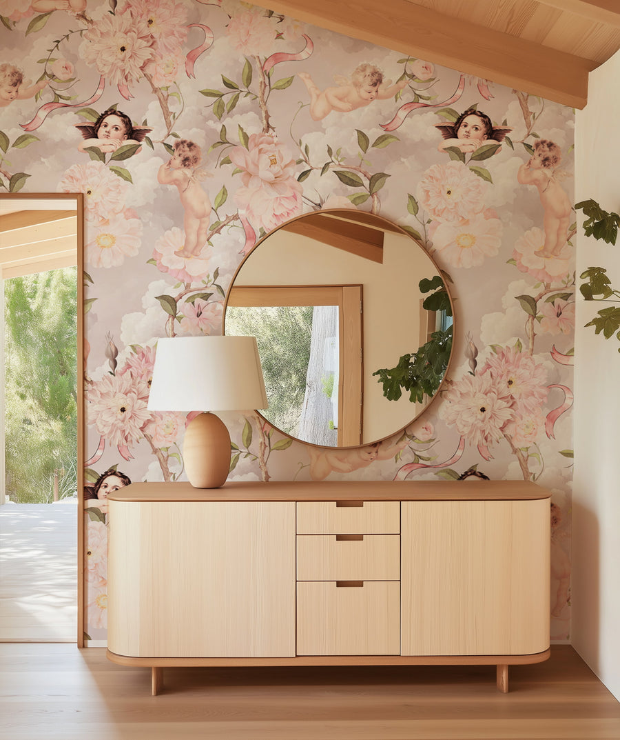 Wooden dresser with round mirror against Pink Cherub Wallpaper – Vintage Peonies & Angels Pattern