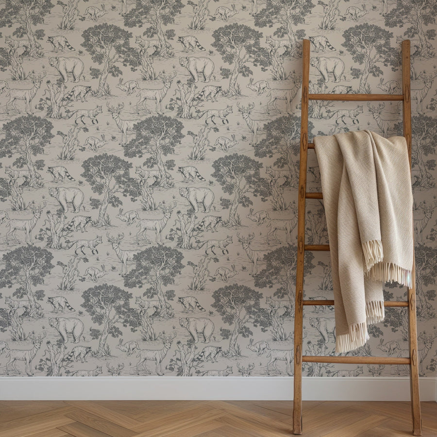 Woodland Animals Toile Wallpaper - Vintage Forest Wildlife Mural