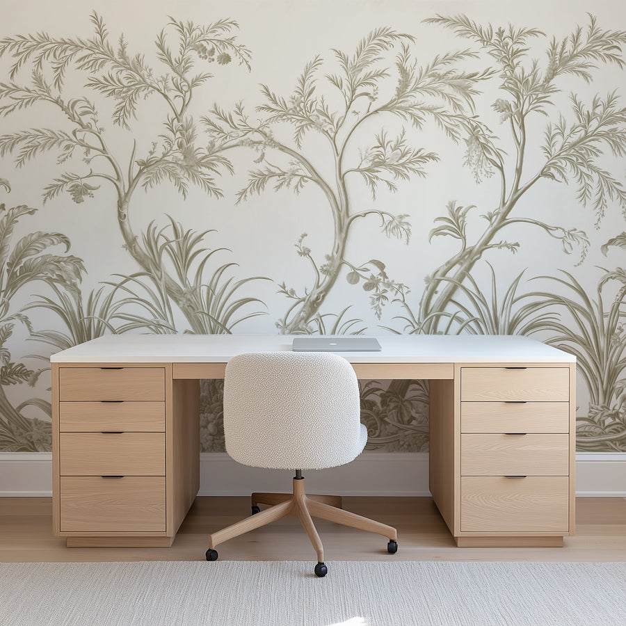 Working desk against a Vintage Chinoiserie Garden Wallpaper Mural