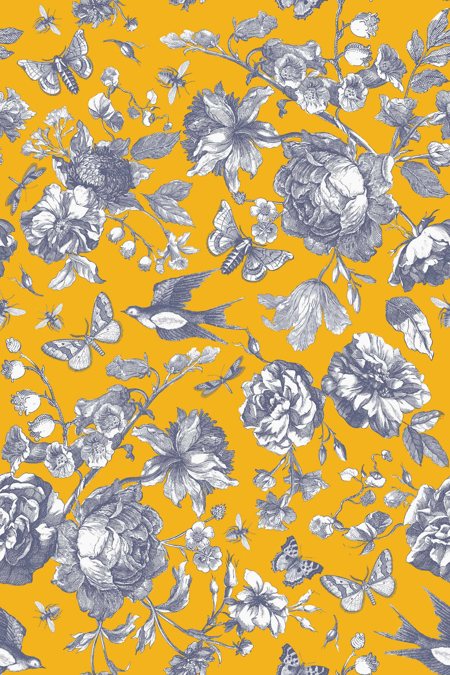 Yellow Vintage Floral Wallpaper – Grey Botanical & Bird Pattern