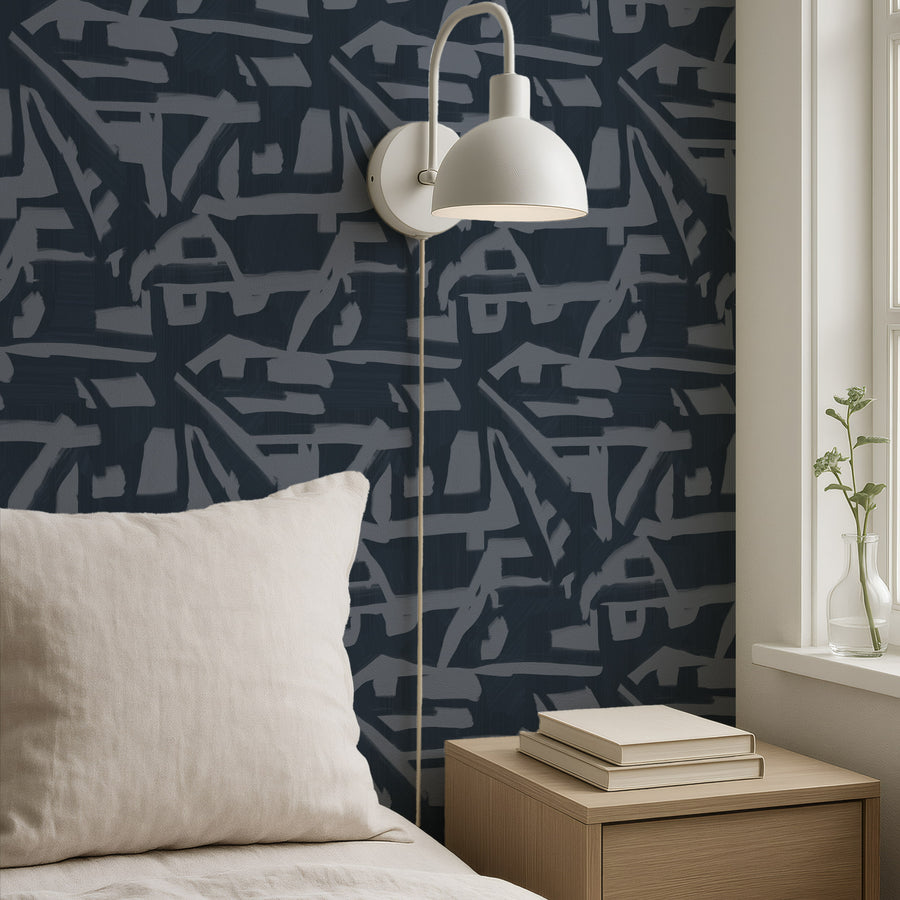 Bedroom with Abstract Brushstroke Wallpaper Navy Slate Blue accent wall