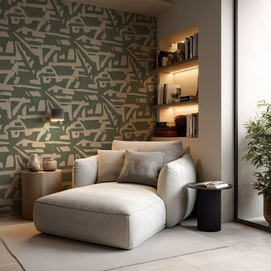 Living room with cream curved sofa featuring Abstract Brushstroke Wallpaper Sage Green Cream accent wall