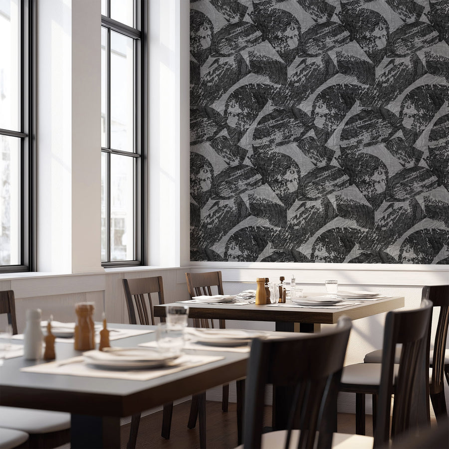 Restaurant dining space with tables chairs and pendant lighting featuring Abstract Modern Wood Texture Wallpaper Charcoal Grey