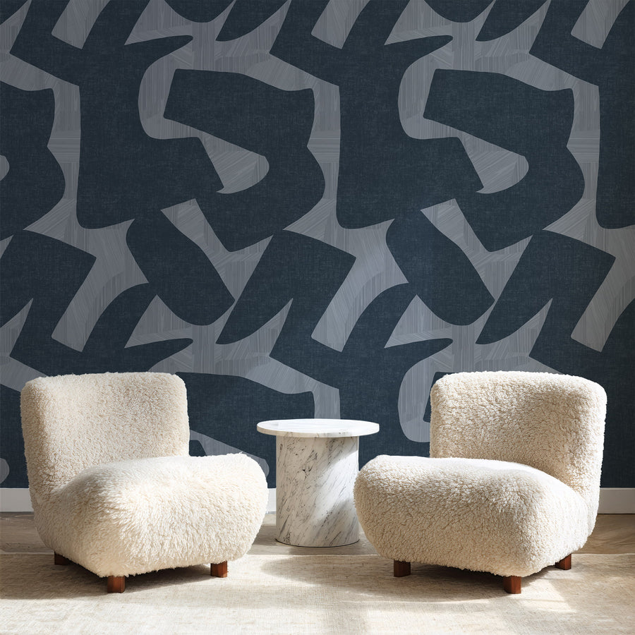 Stylish interior with Abstract Topography Wallpaper Black Cream Organic Contour accent wall