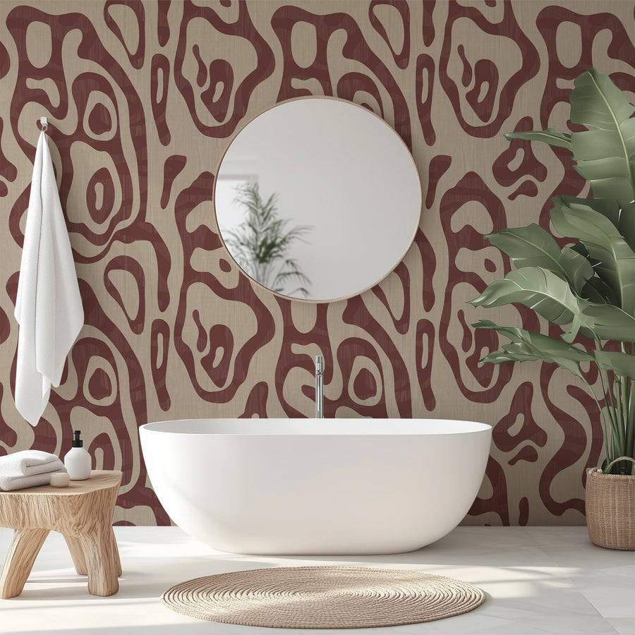 Bathroom with Abstract Topography Wallpaper Burgundy Taupe showing organic contour brushstrokes