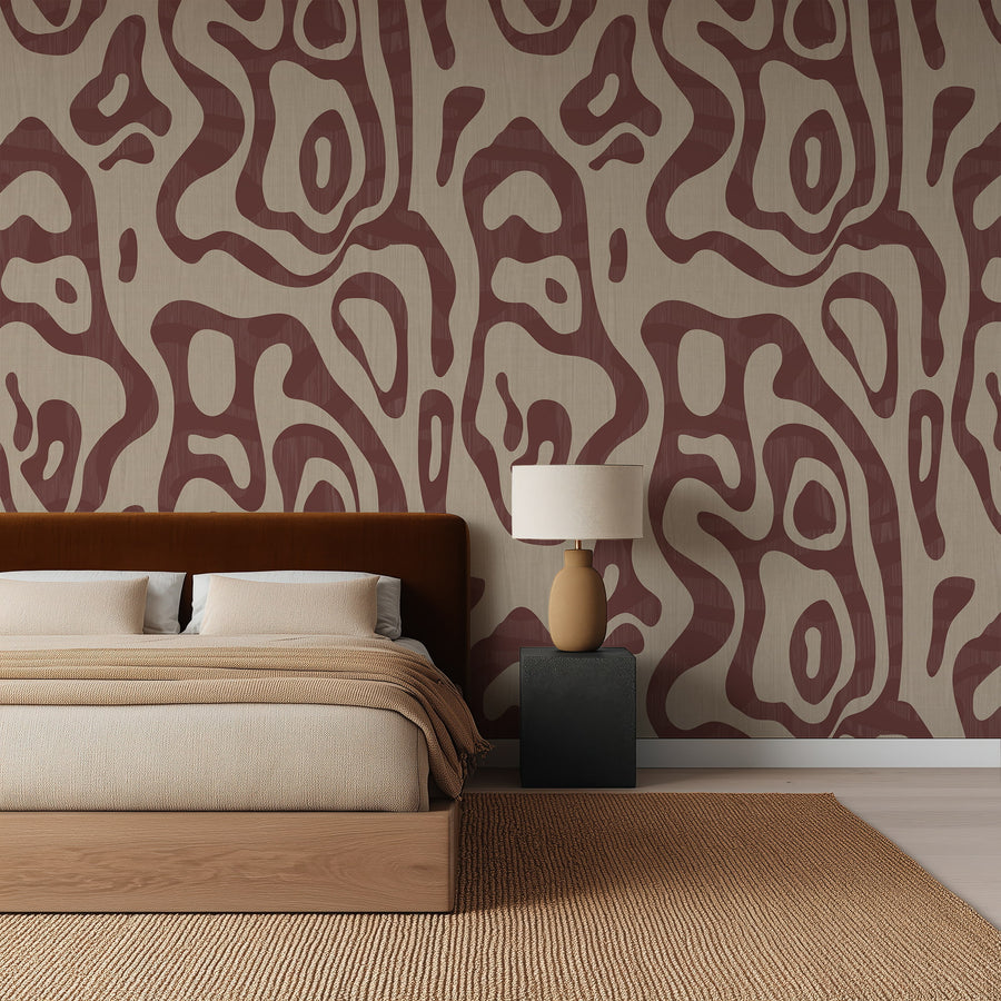 Bedroom room interior with Abstract Topography Wallpaper Burgundy Taupe Organic Contour feature wall