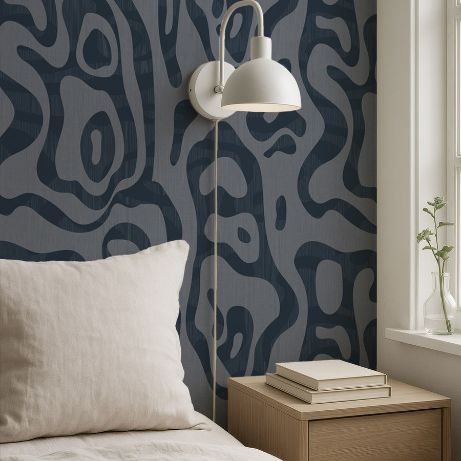 Stylish interior with Abstract Topography Wallpaper Charcoal Slate Grey Organic Contour accent wall