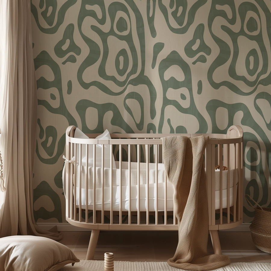 Close-up detail of Abstract Topography Wallpaper Green Cream showing organic contour brushstrokes
