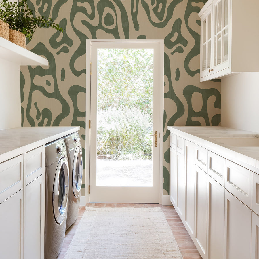 Stylish interior with Abstract Topography Wallpaper Green Cream Organic Contour accent wall