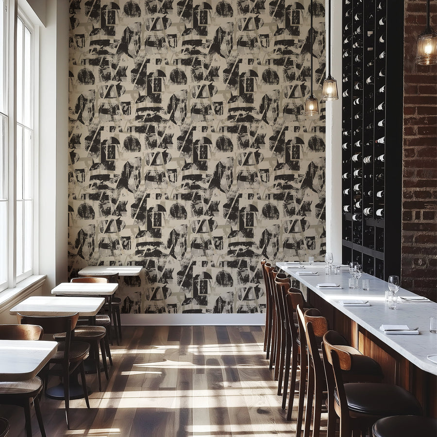 Close-up detail of Abstract Typography Wallpaper showing deconstructed letters and collage texture in black and cream