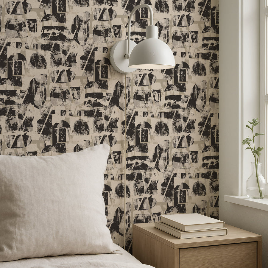 Modern interior with Abstract Typography Wallpaper Black Cream by Petra Kohlmayr