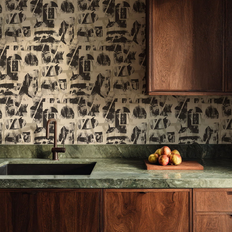 Stylish interior with Abstract Typography Wallpaper Black Cream accent wall