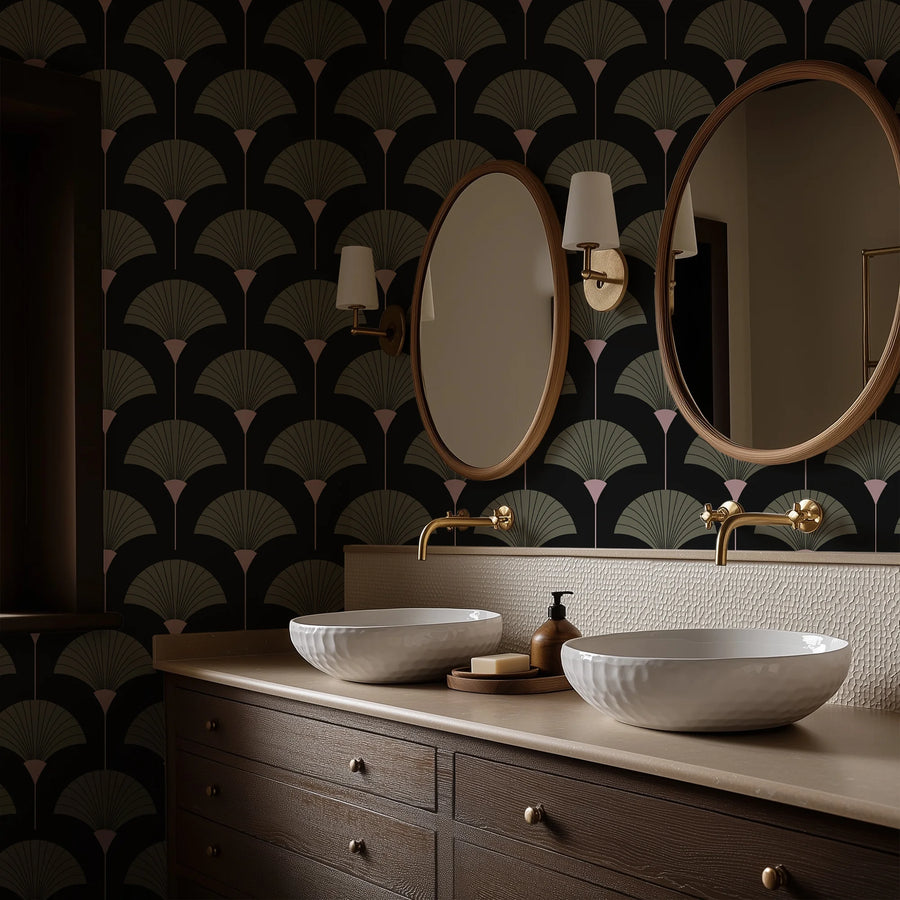 Sage green and black Art Deco fan wallpaper in a bathroom above a double vanity with arched mirrors
