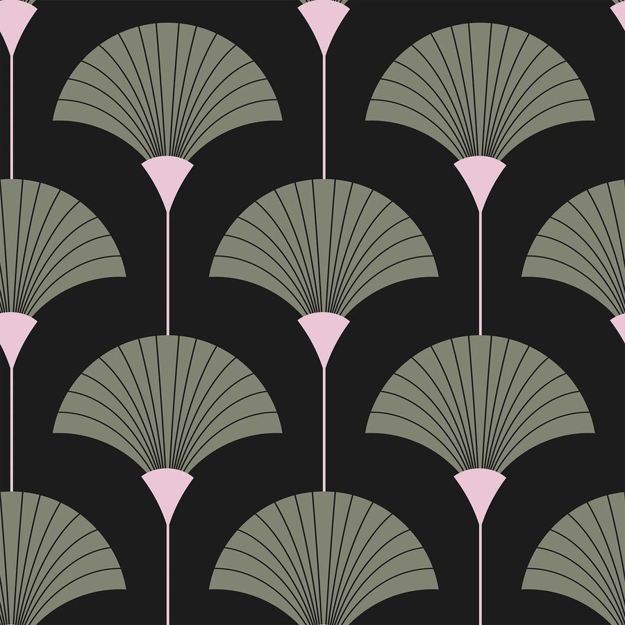 Sage green and black Art Deco fan wallpaper pattern swatch with folding fans and blush pink stems