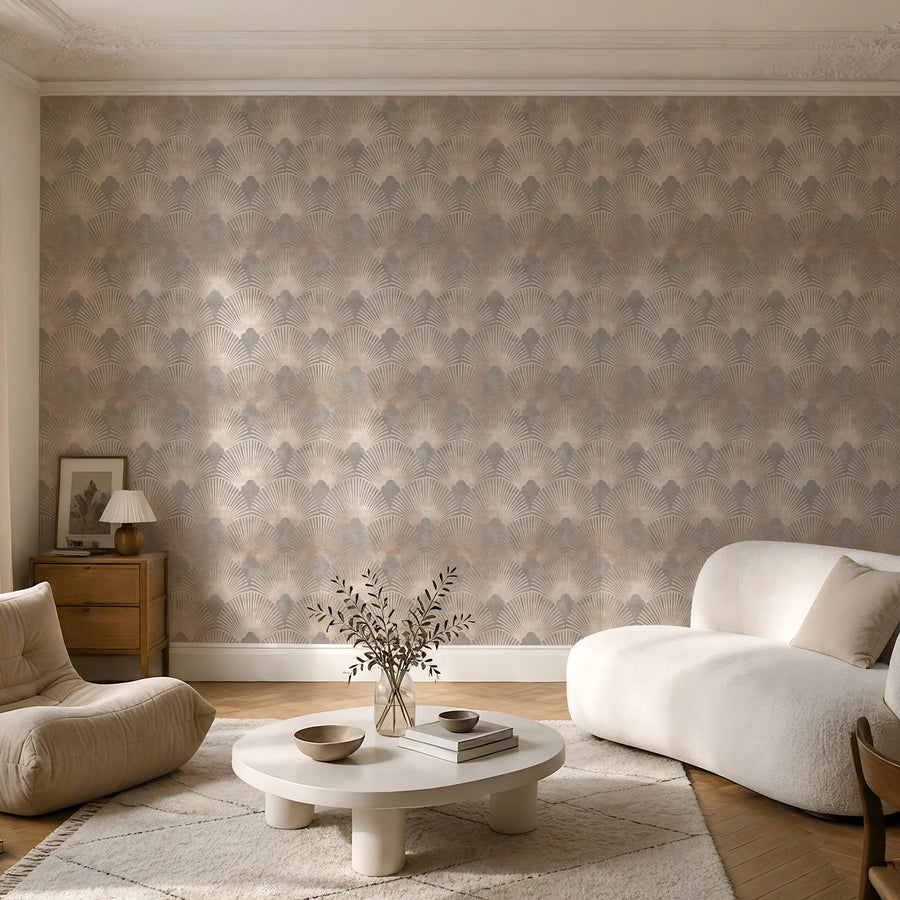 Art Deco scallop wallpaper in beige and gray in a living room with a cream boucle chair