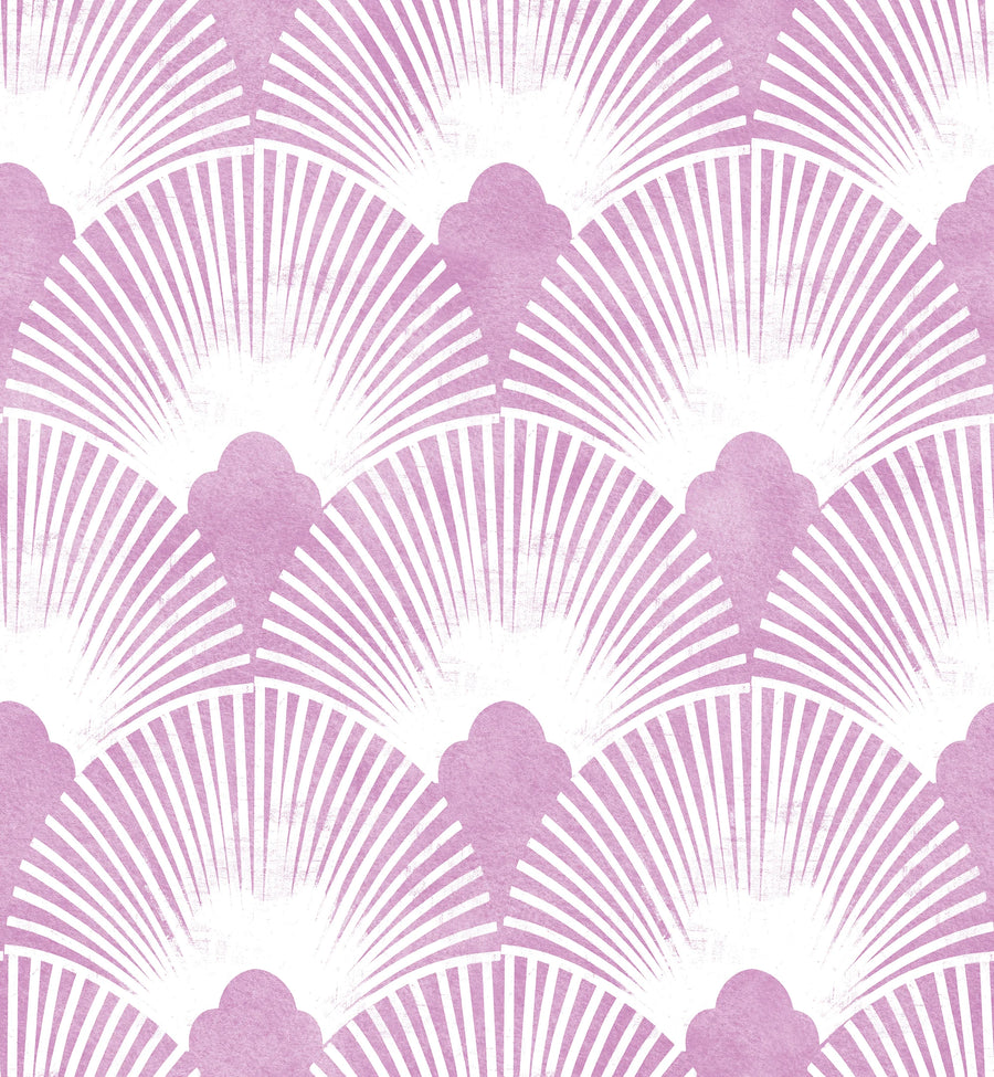 Pink mauve and white Art Deco scallop wallpaper pattern swatch with dry-brushed shell fans