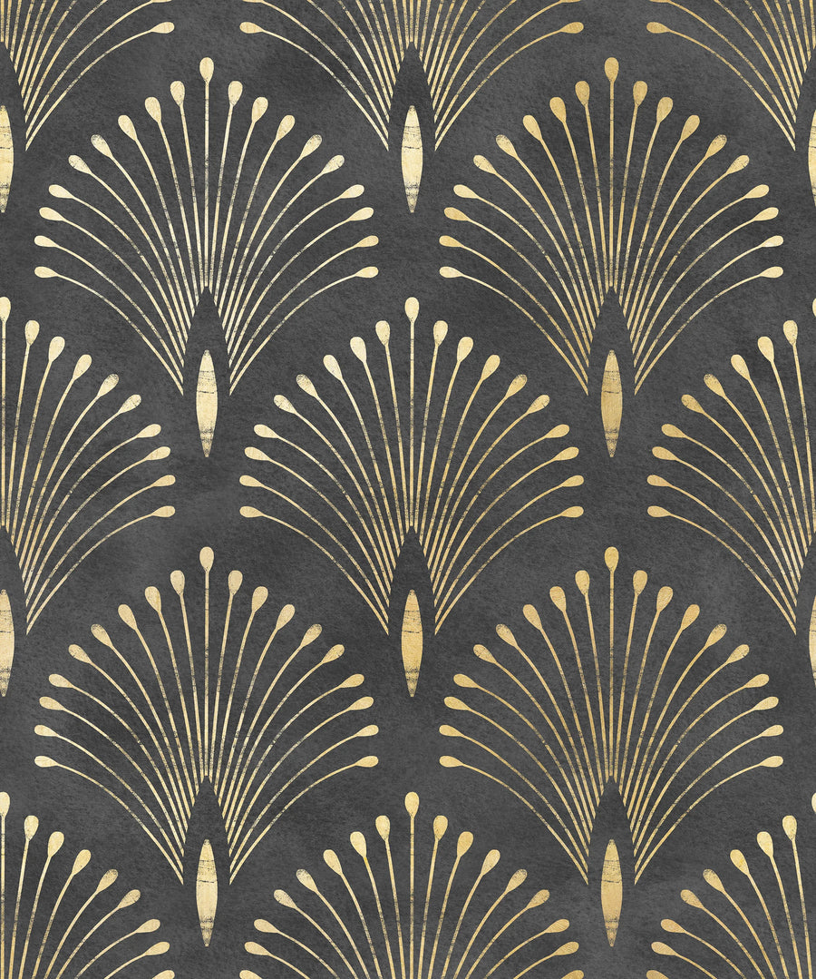 Art deco wallpaper pattern with gold fan and shell motifs on charcoal black
