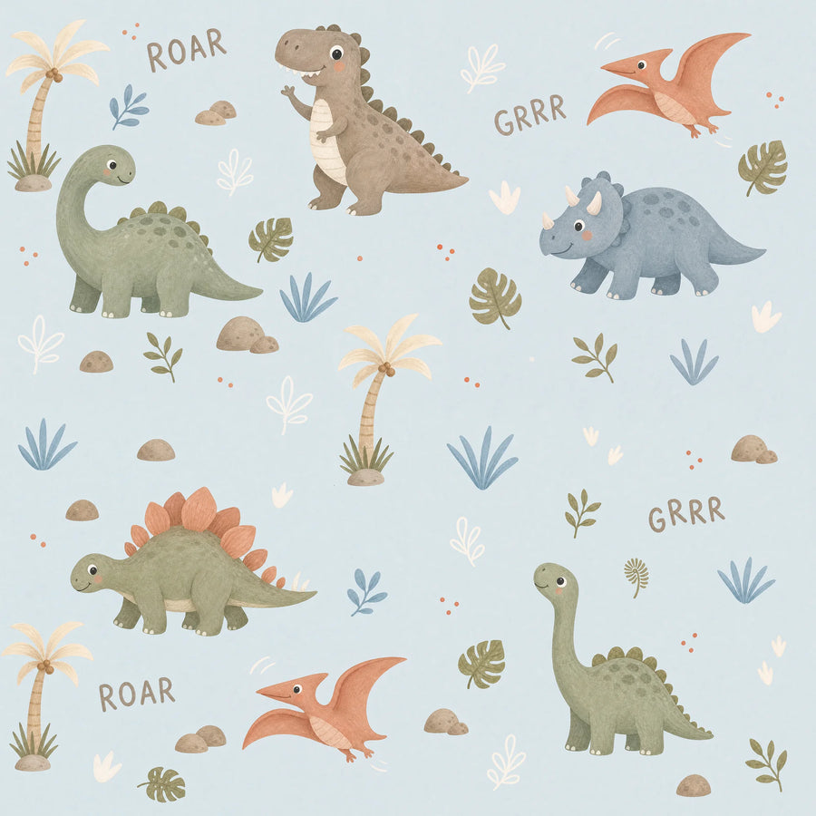 Powder blue baby dinosaur wallpaper pattern with a waving T-Rex, triceratops, pterodactyls, palm trees and ROAR lettering