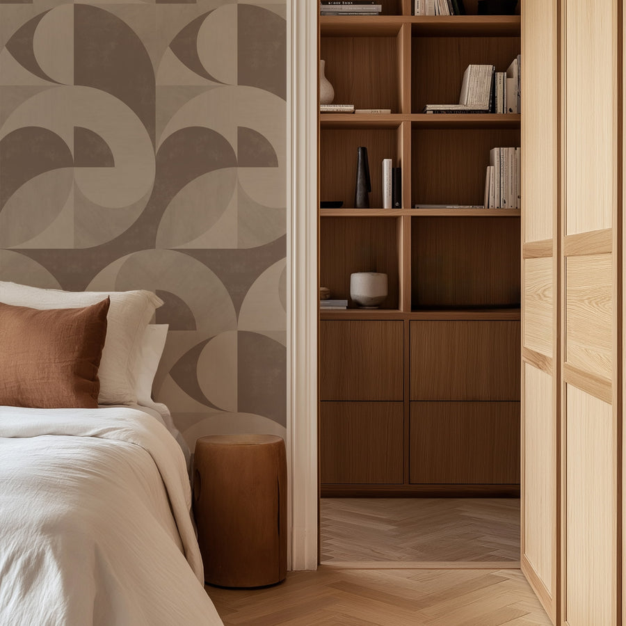 Bedroom with white bedding and wooden doorframe featuring Bauhaus Geometric Shapes Wallpaper Brown Tan