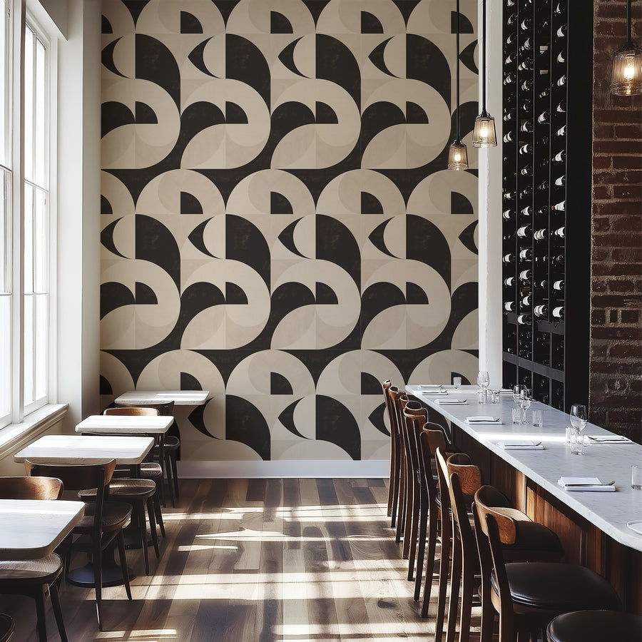 Restaurant cafe with bar seating exposed brick and pendant lighting featuring Bauhaus Geometric Shapes Wallpaper Espresso Cream