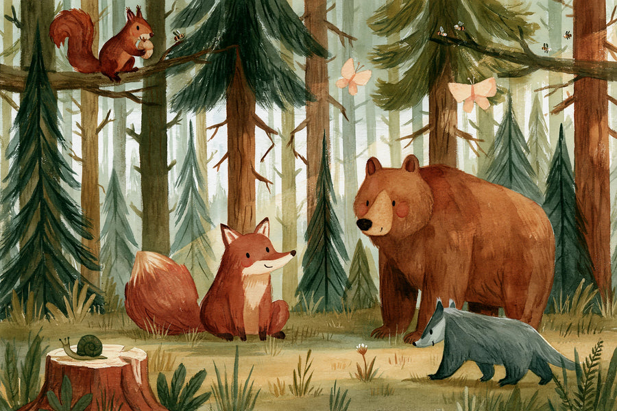 Full watercolor forest mural with a brown bear, red fox, badger and squirrel among tall pine trees with butterflies