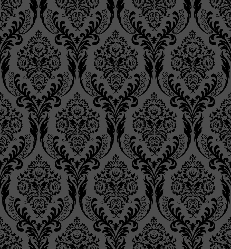 Black damask wallpaper pattern with ornate scrollwork and floral medallions on charcoal grey