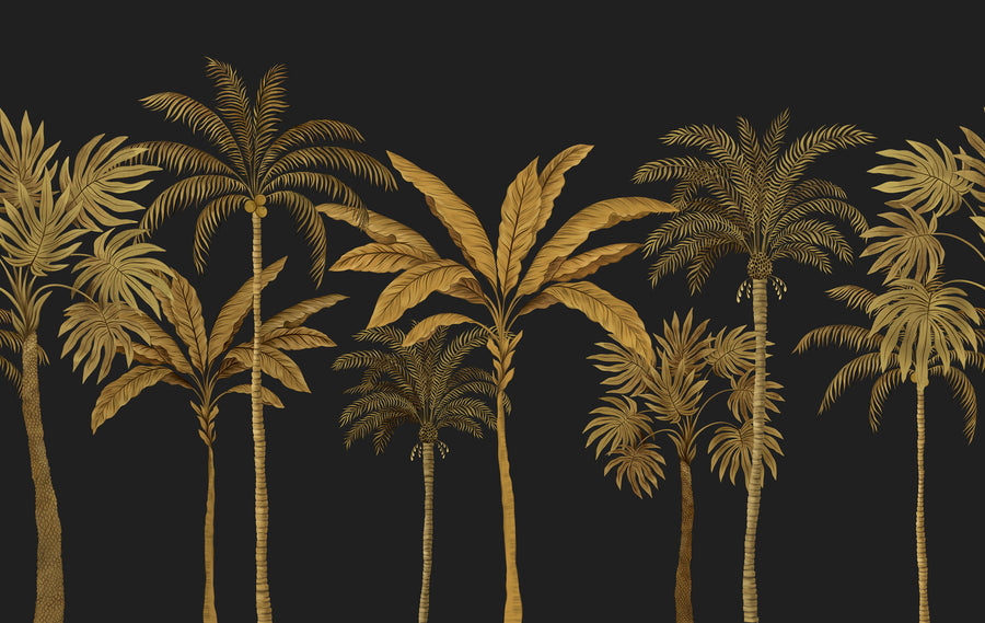Black and gold palm tree tropical wallpaper mural with metallic gold palms on black
