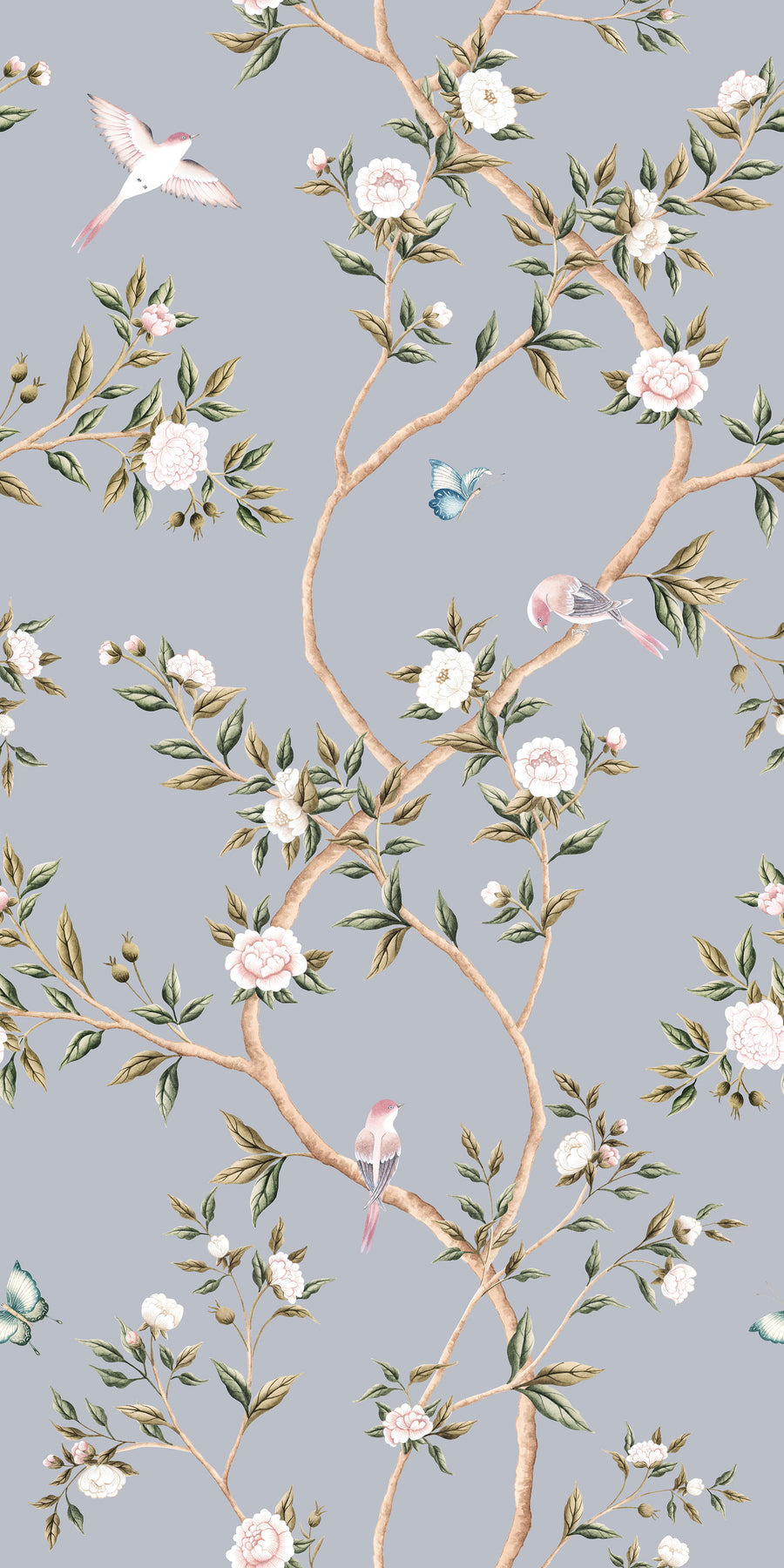 Blue Chinoiserie Hemma Wallpaper Floral Garden Birds repeating pattern swatch 24W x 48H
