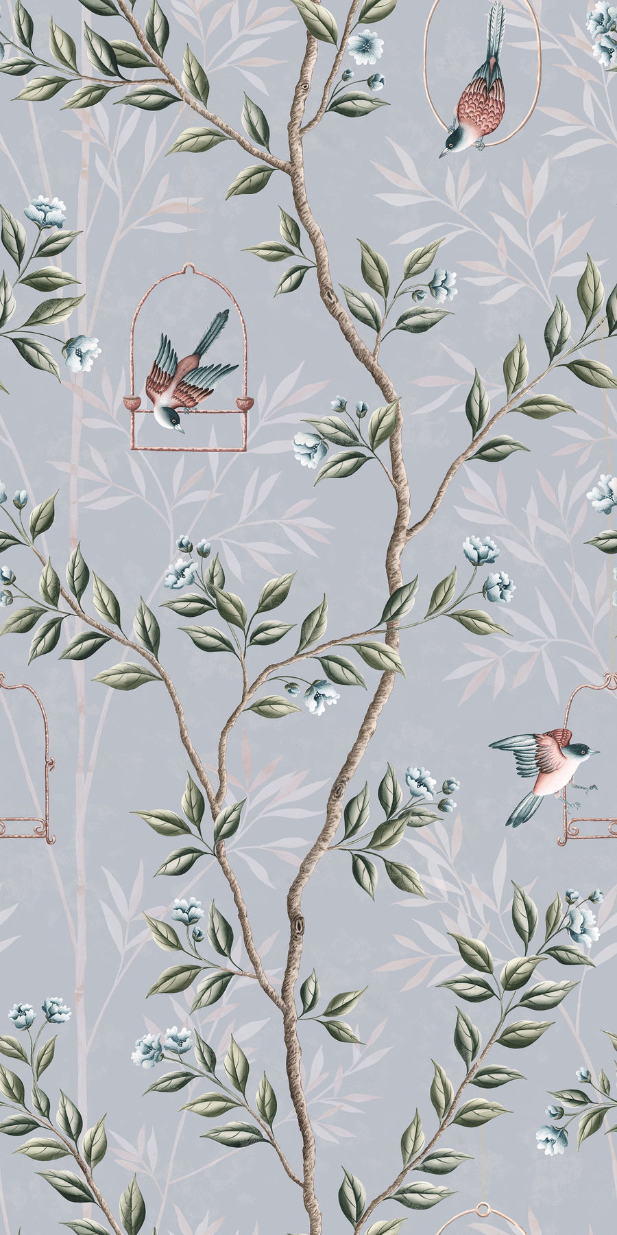 Blue Chinoiserie Pauline Wallpaper Birds Branches repeating pattern swatch 24W x 48H