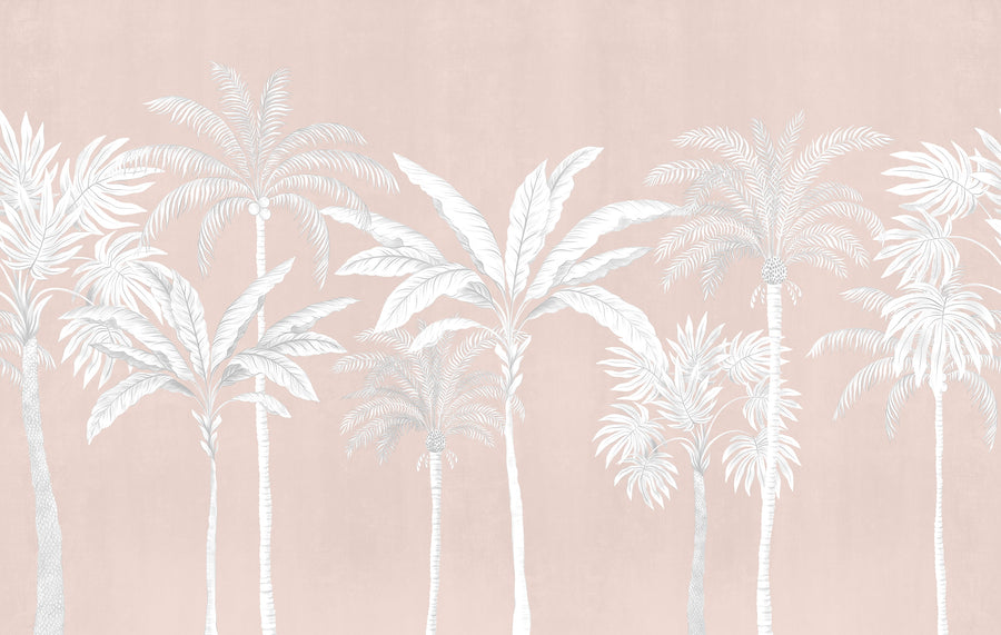 Blush pink palm tree wallpaper mural with tall white tropical palms and fronds