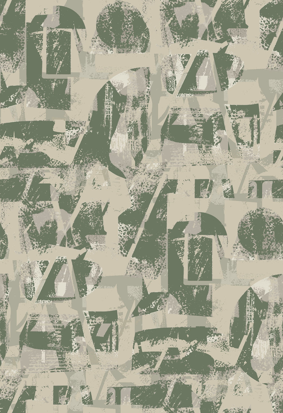 Brutalist Collage Typography Wallpaper Olive Green Khaki repeating pattern swatch 24W x 35H
