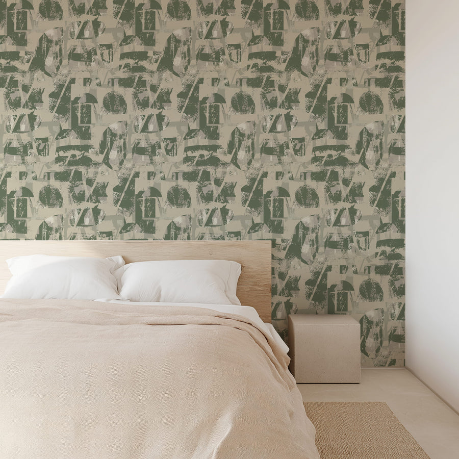 Modern interior with Brutalist Collage Typography Wallpaper Olive Green Khaki by Petra Kohlmayr