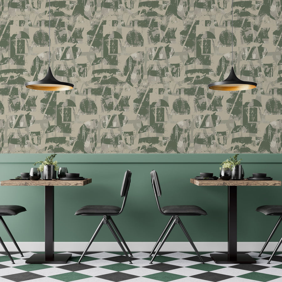 Stylish interior with Brutalist Collage Typography Wallpaper Olive Green Khaki accent wall